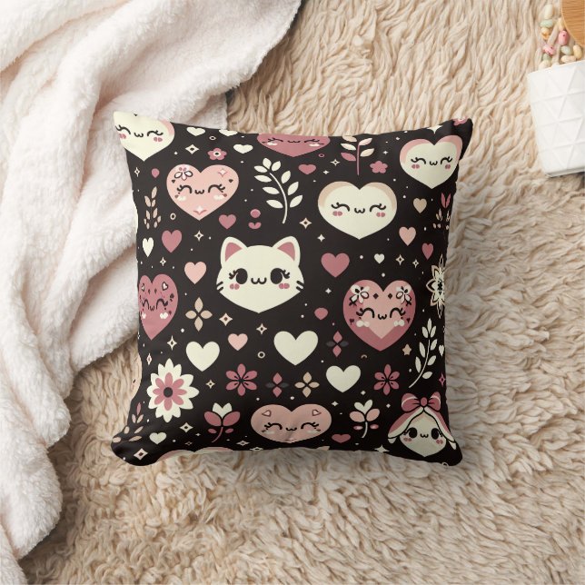 Coussin Saint Valentin Kawaii Chats Coeurs Motif (Couverture)