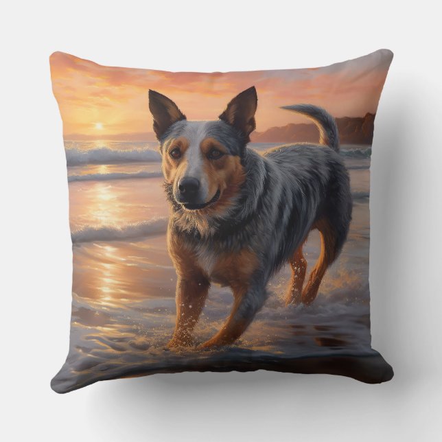 Coussin Sandy Paws Australian Cattle Dog on Beach Sunset (Verso)