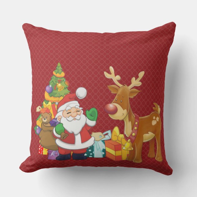 Coussin Santa and Reindeer par Christmas Tree with Present (Recto)