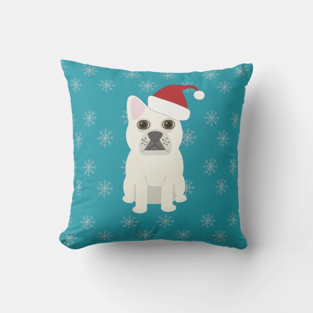 Coussin Santa Frenchie, Flocons Bleus (Recto)
