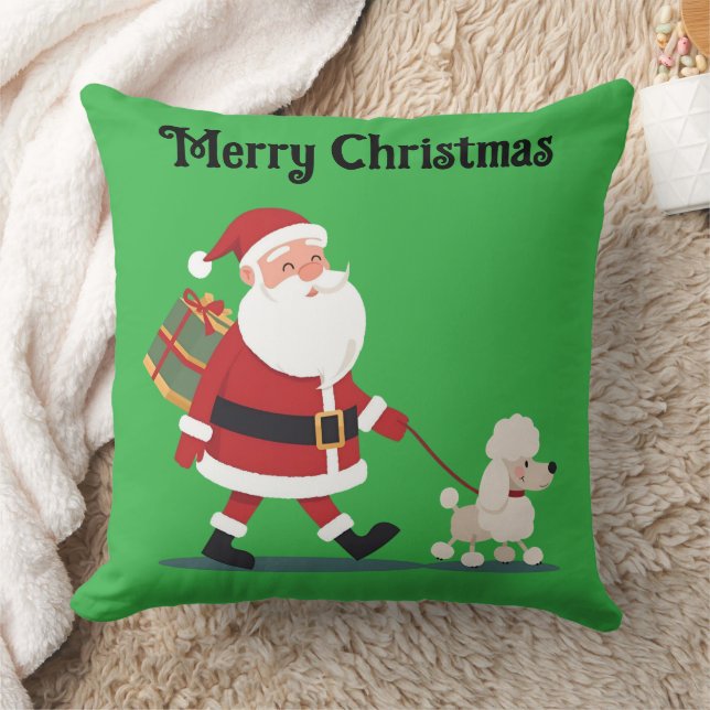 Coussin Santa walking a poodle Christmas Throw Pillow (Couverture)