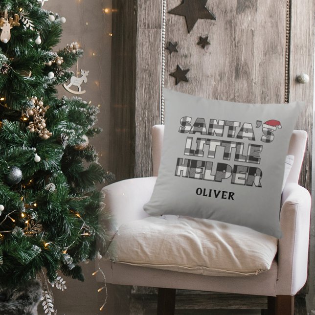 Coussin Santa's little helper Personalized  (santa's little helper Christmas personalized square pillow. black and white plaid check design)
