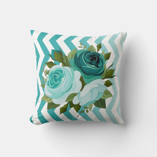 Coussin Sarcelle d'hiver rose florale d'aqua du bouquet | (Recto)