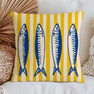 Coussin Sardines bleues sur rayures jaunes Moderne Nautilu