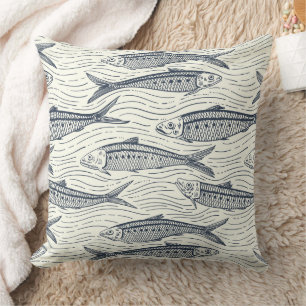 Coussin Sardines en mouvement en bleu marine et ivoire
