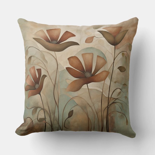 Coussin Sauge Décor Floral Rouille (Recto)