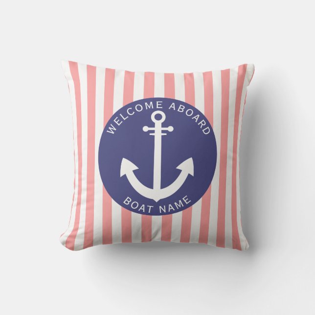 Coussin Saumon Marine Blue Stripe Nom du bateau Ancre Côte (Recto)