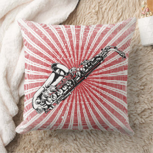 Coussin Saxophone sur le rayon de soleil rouge grunge