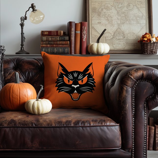 Coussin Scandale Black Cat Face Halloween orange et noir (orange vintage halloween style black cat face pillow)
