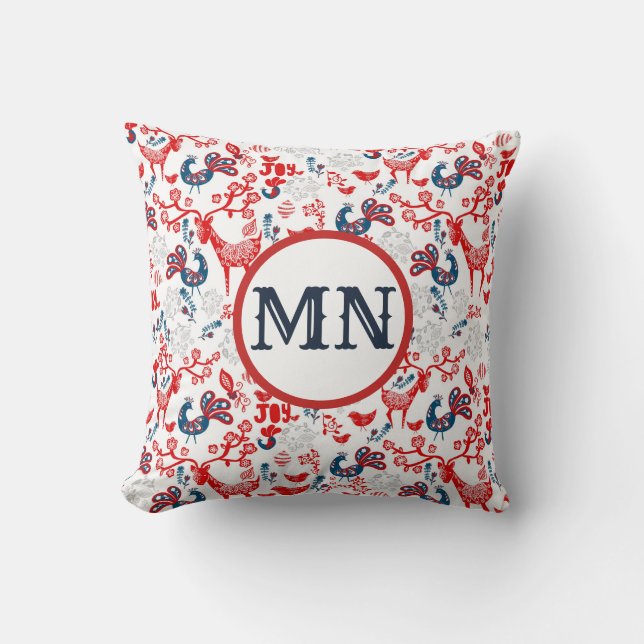 Coussin Scandinave Noël Monogramme Folk Art Rouge (Recto)