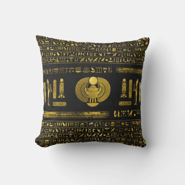 Coussin Scarabée égyptien d'or sur le cuir noir (Recto)