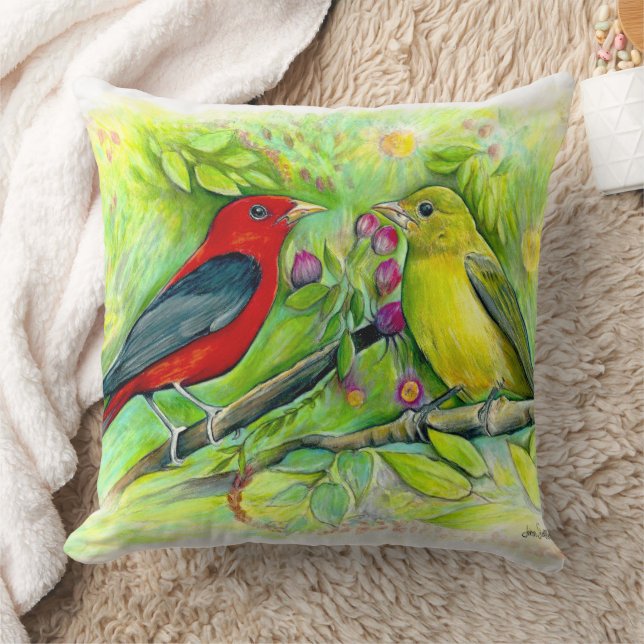 Coussin Scarlet Tanagers Bird Art (Couverture)