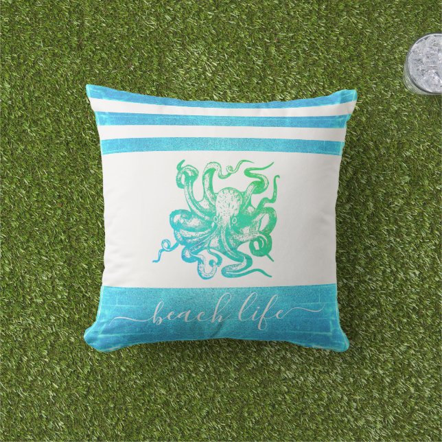 Coussin Scénario de vie de la plage de poulpe bleu turquoi (Herbe)