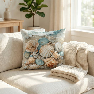Coussin Scène aquarelle de coquillages de bord de mer et b