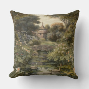 Coussin Scène botanique de cygnes dans un jardin anglais