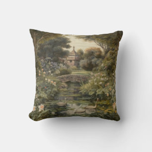 Coussin Scène botanique de cygnes dans un jardin anglais