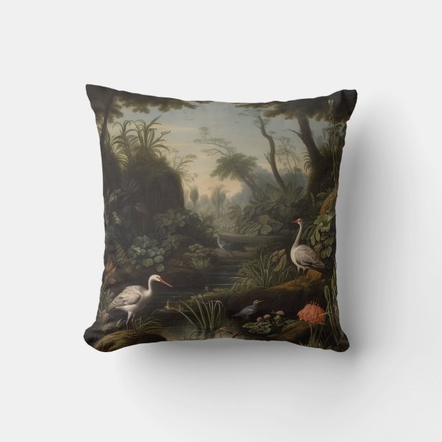 Coussin Scène botanique de grues près d'une rivière (Recto)