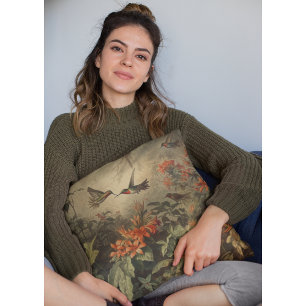 Coussin Scène botanique vintage d'hummingbirdet de fleurs