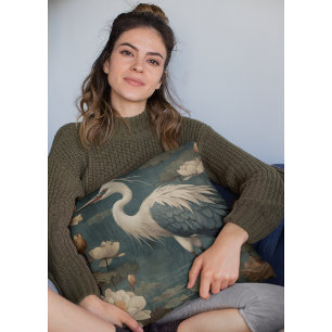 Coussin scène botanique vintage grue bleue et lotus aussi