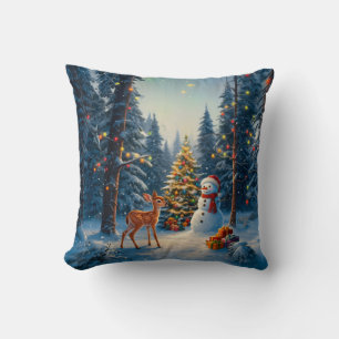 Coussin Scène d'arbre de Noël Cerf Faon Bonhomme de neige