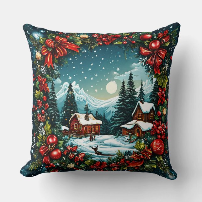 Coussin Scène de Cabine d'hiver par couronne de Noël (Recto)