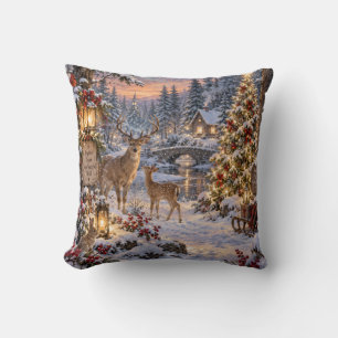 Coussin Scène de cerf de la forêt de Noël