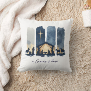 Coussin Scène de la Nativité à l'aquarelle Fête Religieuse