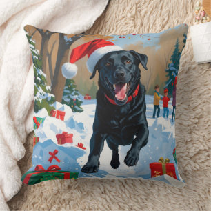 Coussin Scène de neige festive de Noël avec Labrador noir 