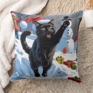 Coussin Scène de neige festive de Noël Black Cat