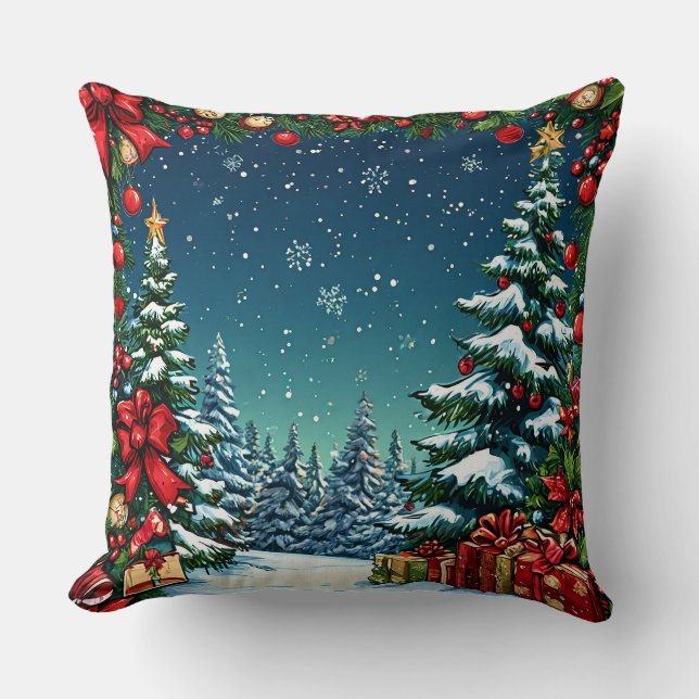 Coussin Scène de Noël festive avec des arbres neigeux (Recto)