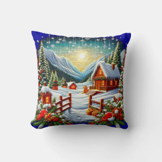 Coussin Scène de Noël hivernale extérieure à broderie