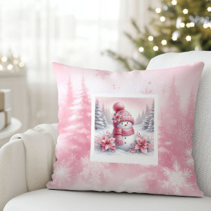 Coussin Scène de Noël moderne bonhomme de neige rose Cadea