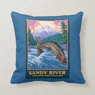 Coussin Scène de pêche de mouche - rivière de Sandy,