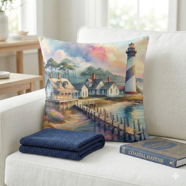 Coussin Scène de phare côtier et cottages de plage (Coastal Lighthouse & Beach Cottages Scene Throw Pillow Mockup A)