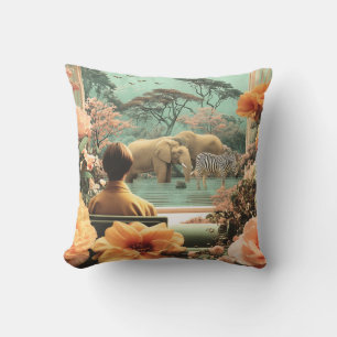 Coussin Scène de safari surréaliste avec éléphants zèbres
