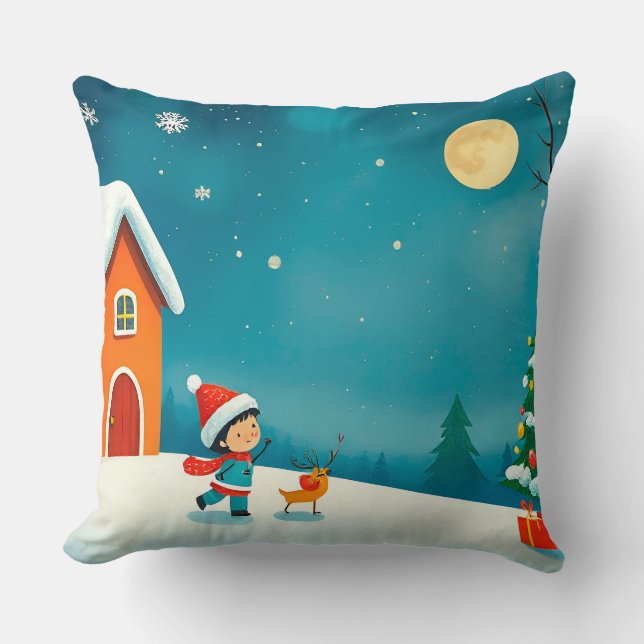 Coussin Scène d'hiver avec enfant, rennes, arbre de Noël (Recto)