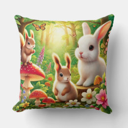 Coussin Scène fantaisiste de forêt avec lapins, écureuils