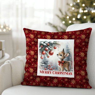 Coussin Scène festive de bébé faon forestier enneigé chaud