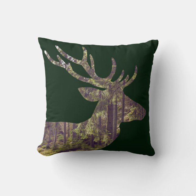 Coussin Scène forestière rustique cerf sur vert foncé (Recto)