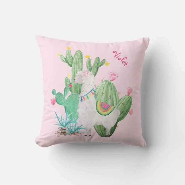 Coussin Scène mignonne de lama et de cactus - rose (Recto)