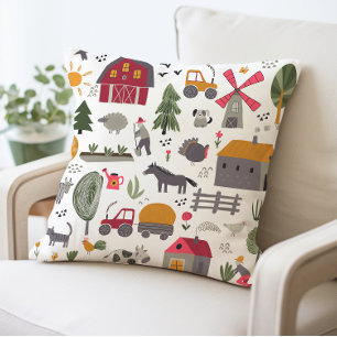 Coussin Scène Whimsical Farm Grange rouge et animaux