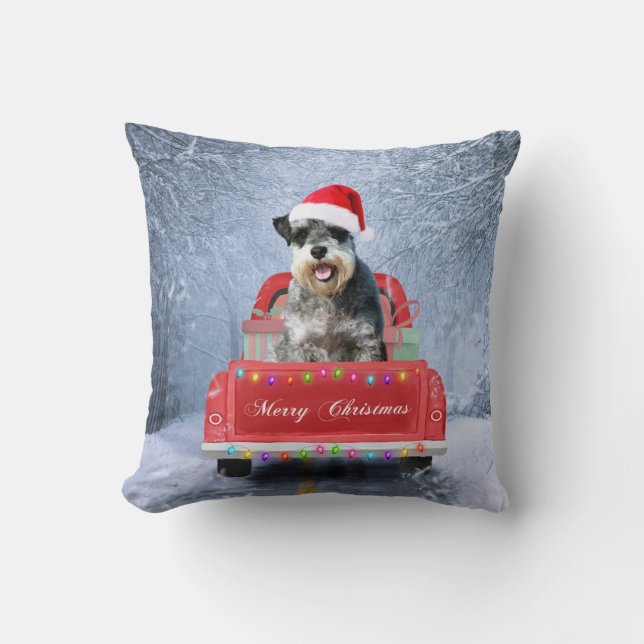 Coussin Schnauzer Chien en neige assis sur le camion de No (Recto)