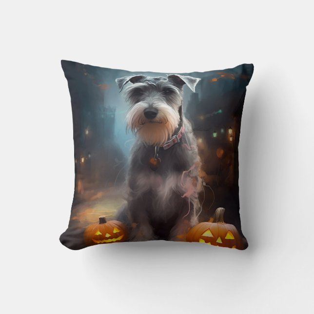 Coussin Schnauzer d'Halloween avec la peur Citrouille (Recto)