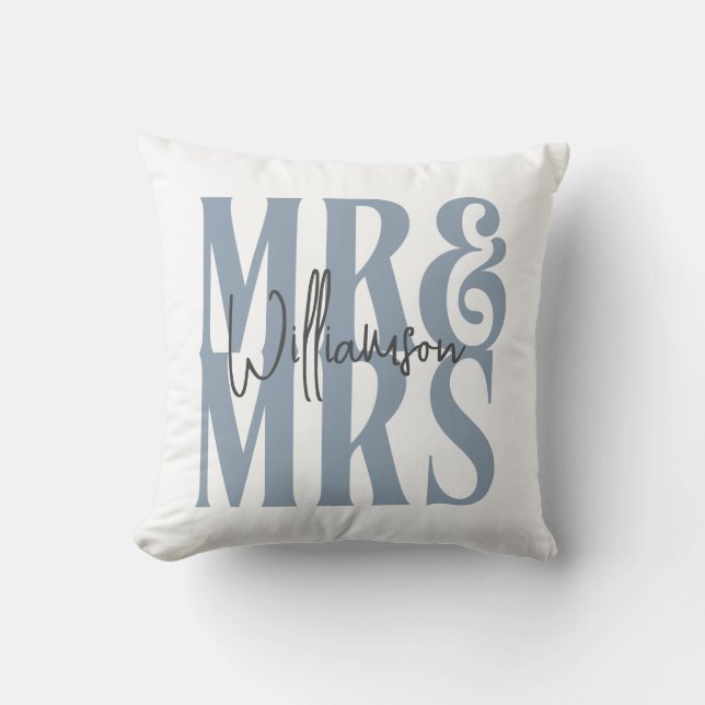 Coussin Script de calligraphie moderne M. Mme Mariage Bleu (Recto)