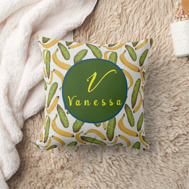 Coussin Script de monogramme de feuille de banane tropical (Couverture)