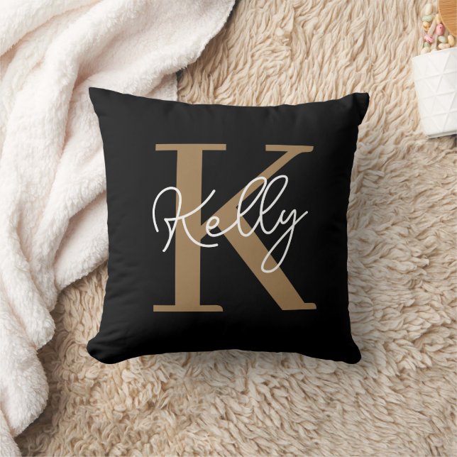 Coussin Script de monogramme d'or noir moderne (Couverture)
