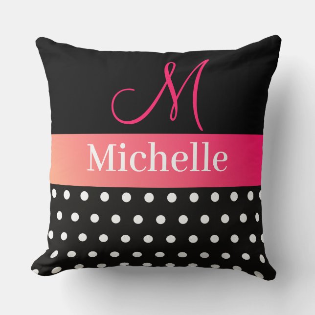 Coussin Script de monogramme noir blanc rose pois (Recto)