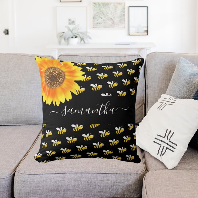 Coussin Script de nom de tournesol jaune noir des abeilles (Créateur téléchargé)