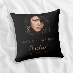 Coussin Script de nom photo personnalisé noir anniversaire