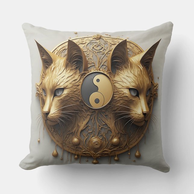 Coussin Sculpture de chat jumeaux dorés Yin Yang (Recto)